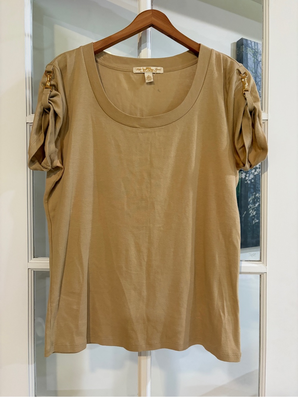Lauren Ralph Lauren Tan Short Sleeve Top Scoop Neck Hardware Gathered Shoulder